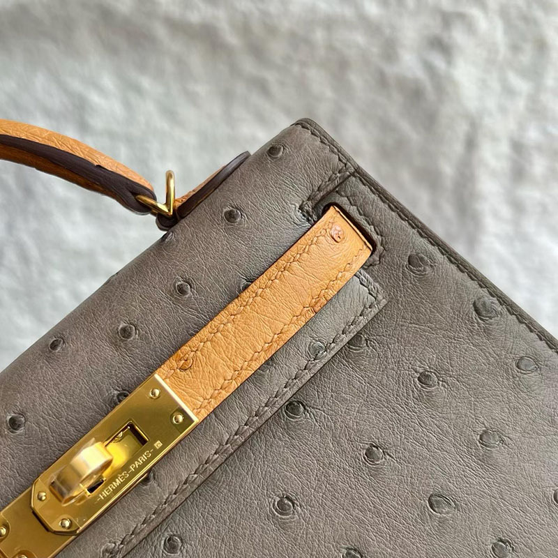 エルメス HERMES ケリーミニ2 外縫い トゥルティールグレー/サフラン オーストリッチ ゴールド金具 H071946CC81 エルメス ケリーミニ2 - 画像 (9)