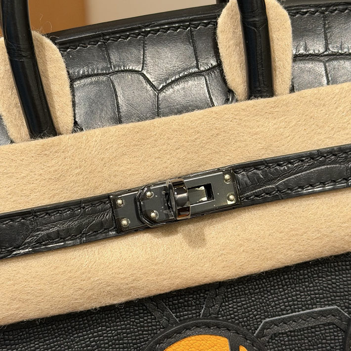 HERMES バーキン 20 セリエ フォーブル ミッドナイト クロ×ジョーヌアンブル×オレンジ ヴォー・マダム×アリゲーターマット×スイフト H082324CKAB - 画像 (7)