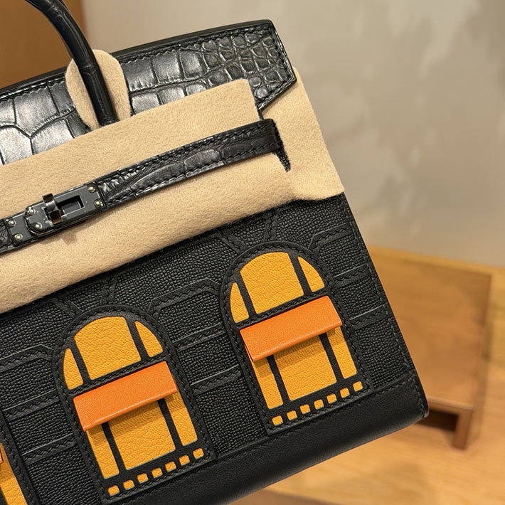HERMES バーキン 20 セリエ フォーブル ミッドナイト クロ×ジョーヌアンブル×オレンジ ヴォー・マダム×アリゲーターマット×スイフト H082324CKAB - 画像 (6)