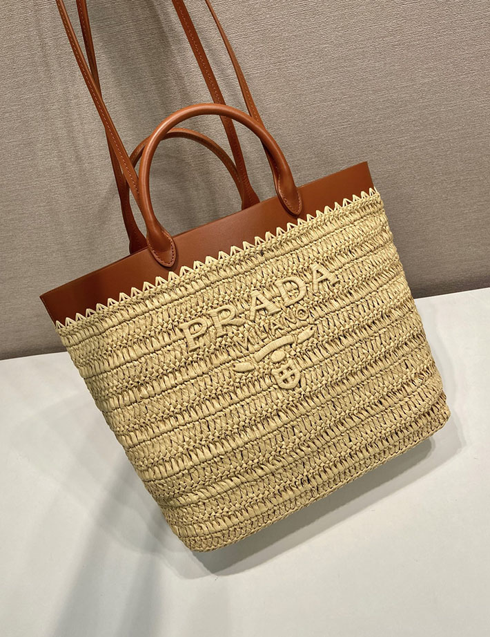 プラダ バッグ レディース 新作 PRADA ミディアム クロシェxレザー トートバッグ ナチュラル 1BG499_2M2Q_F02S9 プラダ トート バッグ 公式 - 画像 (9)