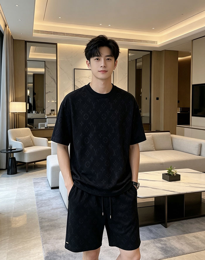 最高級ルイヴィトンスーパーコピー Louis Vuitton コットン ルイ・ヴィトン 2026年春夏最新スーツclothes202600424 ルイ・ヴィトン ブラック 半袖Tシャツ&ショーツセット - 画像 (2)