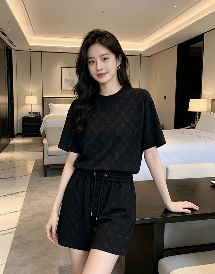 最高級ルイヴィトンスーパーコピー Louis Vuitton コットン ルイ・ヴィトン 2026年春夏最新スーツclothes202600424 ルイ・ヴィトン ブラック 半袖Tシャツ&ショーツセット - 画像 (9)