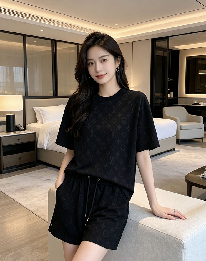 最高級ルイヴィトンスーパーコピー Louis Vuitton コットン ルイ・ヴィトン 2026年春夏最新スーツclothes202600424 ルイ・ヴィトン ブラック 半袖Tシャツ&ショーツセット - 画像 (7)