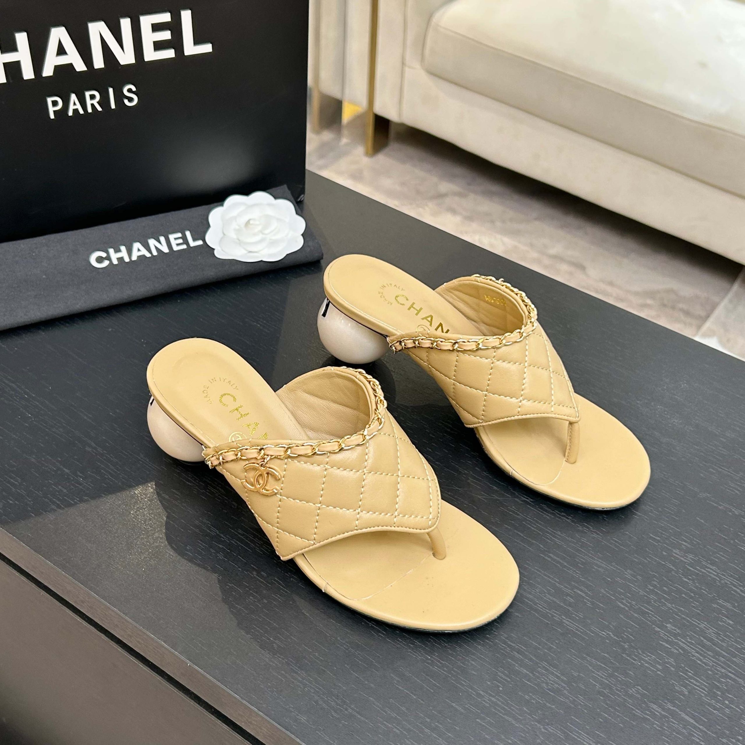 CHANEL/シャネル チェーン&パールヒール トングサンダル ミュール ゴールド - 画像 (8)