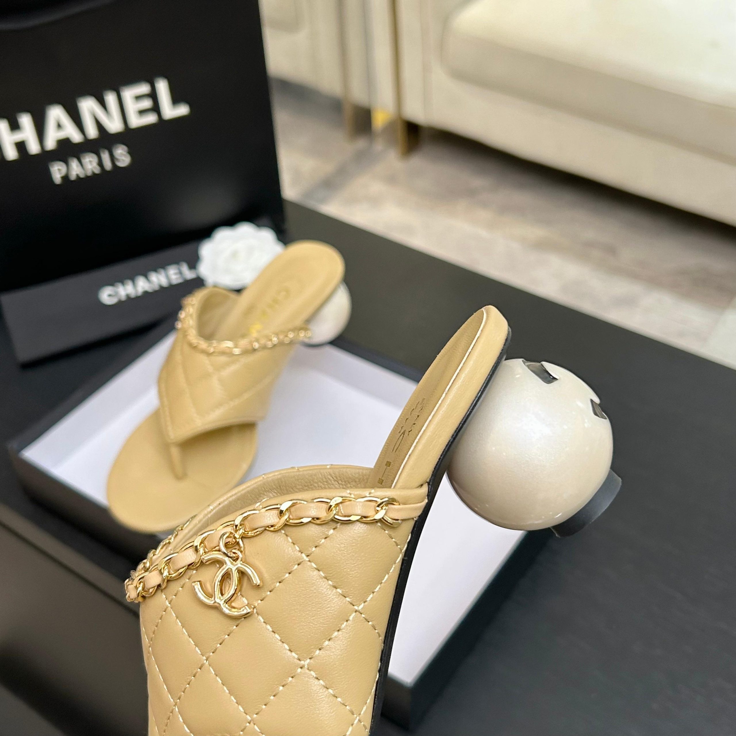 CHANEL/シャネル チェーン&パールヒール トングサンダル ミュール ゴールド - 画像 (3)
