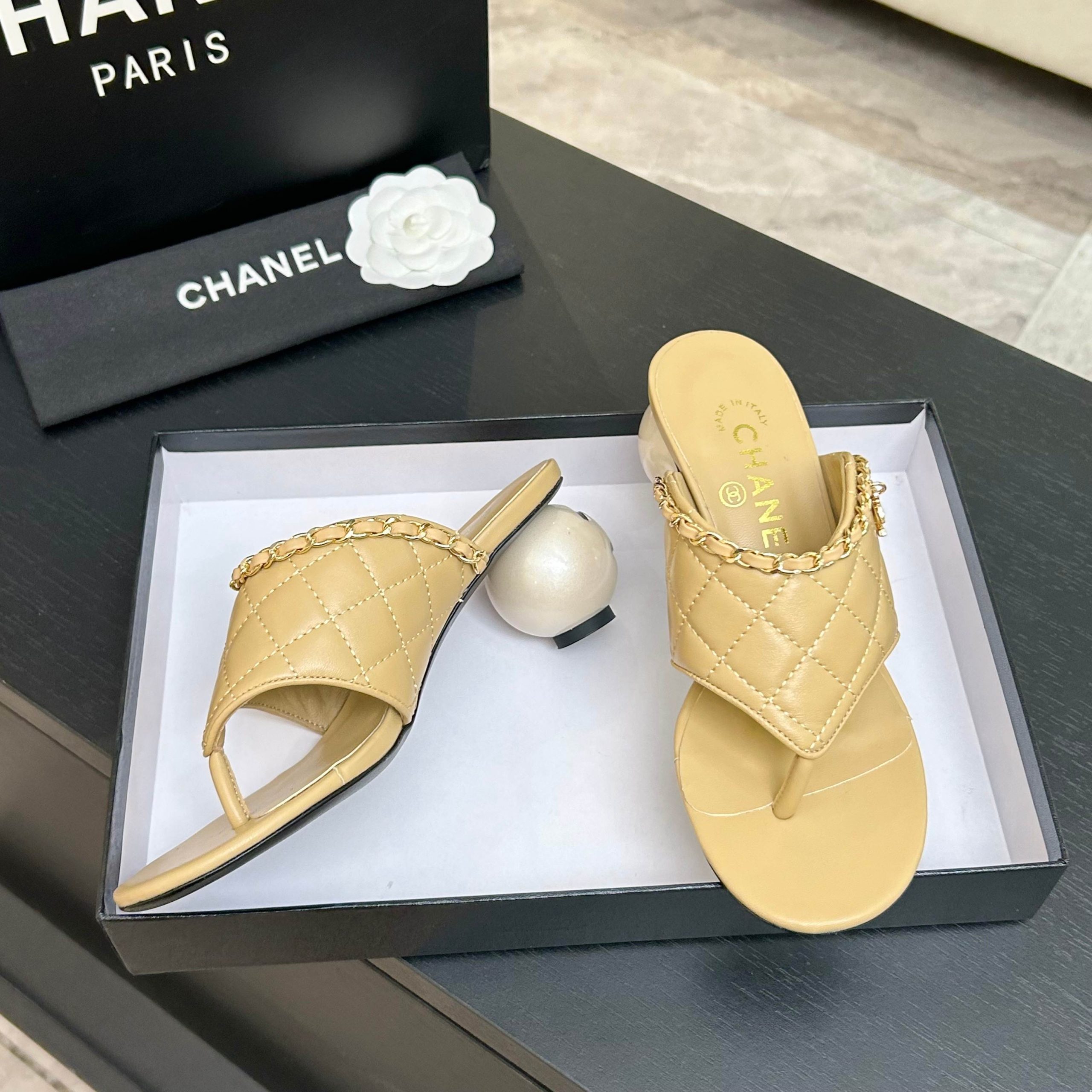 CHANEL/シャネル チェーン&パールヒール トングサンダル ミュール ゴールド - 画像 (5)