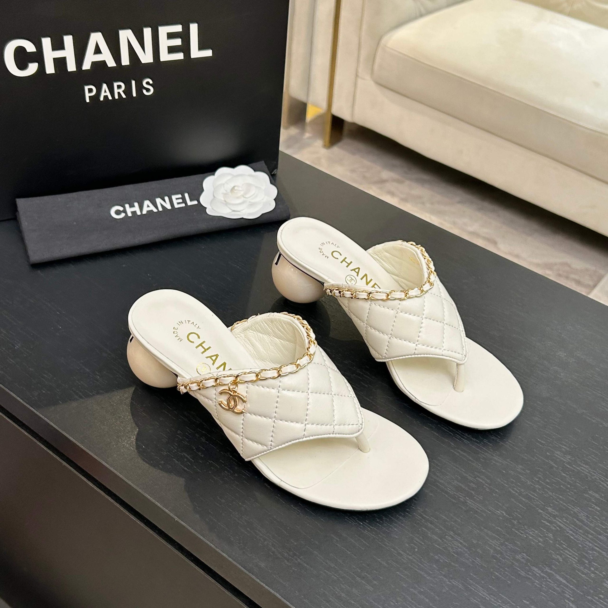 CHANEL/シャネル チェーン&パールヒール トングサンダル ミュール シャネルサンダルホワイト シャネルサンダル新作 - 画像 (3)