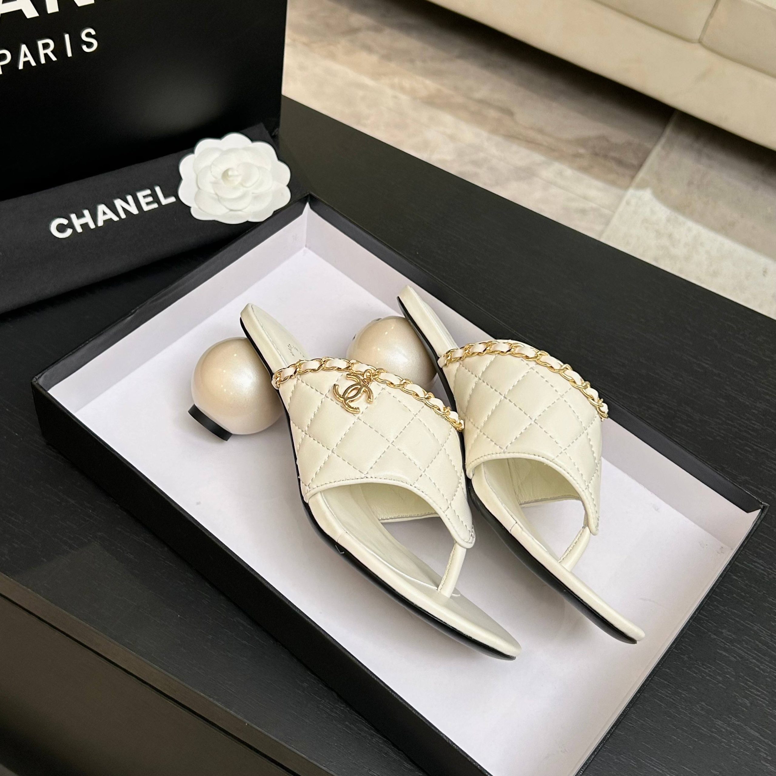 CHANEL/シャネル チェーン&パールヒール トングサンダル ミュール シャネルサンダルホワイト シャネルサンダル新作 - 画像 (5)