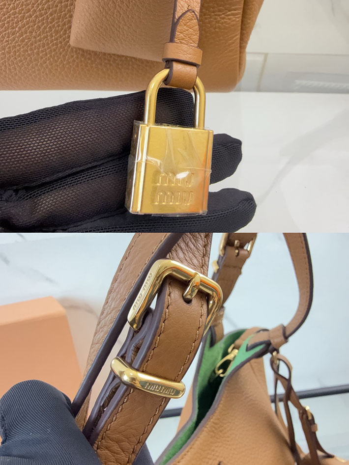 最高級MiuMiuスーパーコピー ミュウミュウ レザー ハンドバッグ キャラメル/ラーチグリーン 5BA304_2IFL_F04YM Miumiu バッグ 安い - 画像 (6)