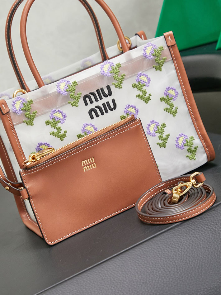 最高級MiuMiuスーパーコピー ミュウミュウ エンブロイダリーメッシュ トップハンドルバッグ コニャックブラウン 5BA310_2IHV_F0046 Miumiu トートバッグ 布 - 画像 (9)