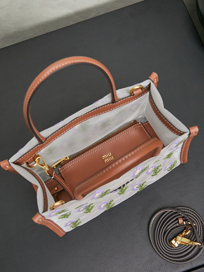 最高級MiuMiuスーパーコピー ミュウミュウ エンブロイダリーメッシュ トップハンドルバッグ コニャックブラウン 5BA310_2IHV_F0046 Miumiu トートバッグ 布 - 画像 (5)