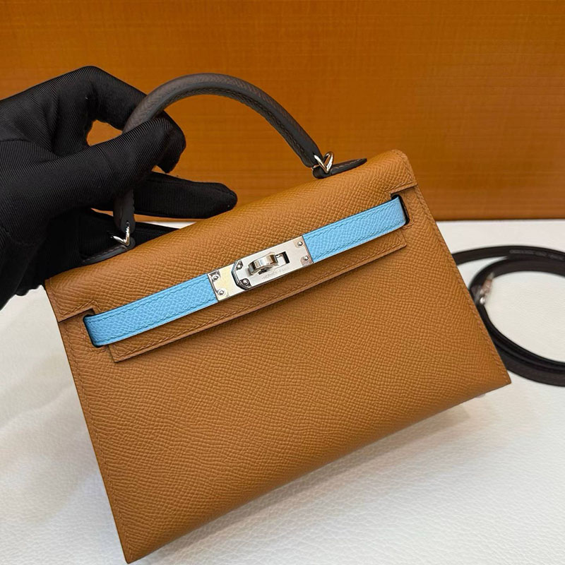 エルメスコピー通販 HERMES ケリーミニ2 外縫い ゴールド/セレステ/エベンヌ ヴォーエプソン シルバー金具 2634591 エルメスミニケリー定価 - 画像 (8)