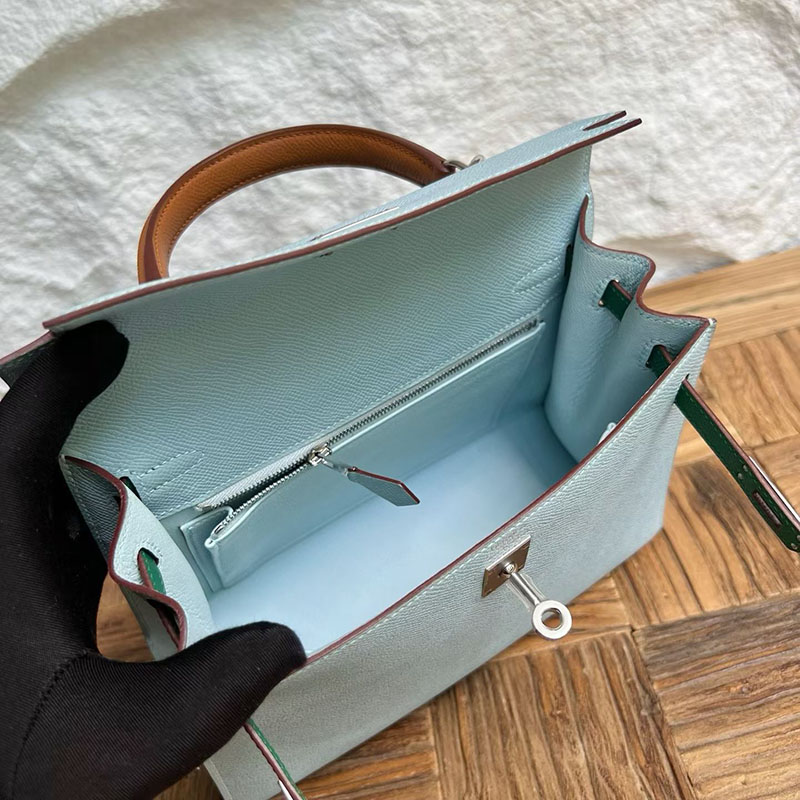 エルメスの人気バッグ HERMES ケリー25 外縫い ブルーブリュム/ヴェールジェイド/ゴールド シルバー金具 2635082 エルメス バッグ レディース - 画像 (5)