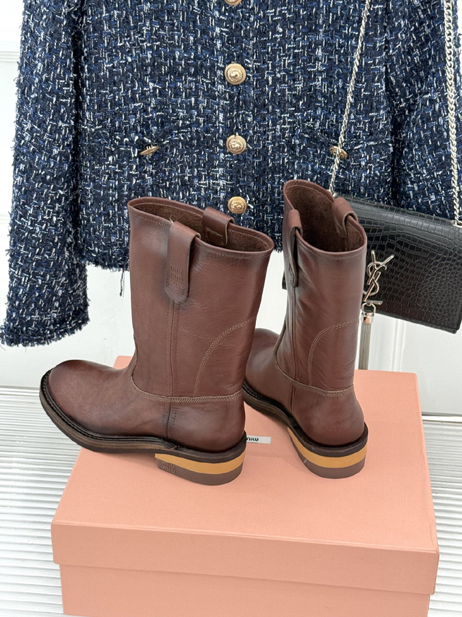レディース ミュウミュウ MiuMiu ミュウミュウ ライダースブーツ ブラウン ブロックヒール ラウンドトゥ サイドジップ レザー ミュウミュウ シューズ - 画像 (5)