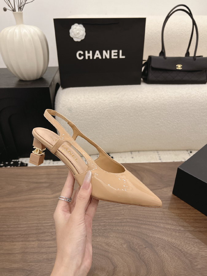 最高級シャネルスーパーコピー シャネル ベージュ スリングバック パンプス パテント ポインテッドトゥ ミドルヒール シャネルサンダル値段 - 画像 (5)