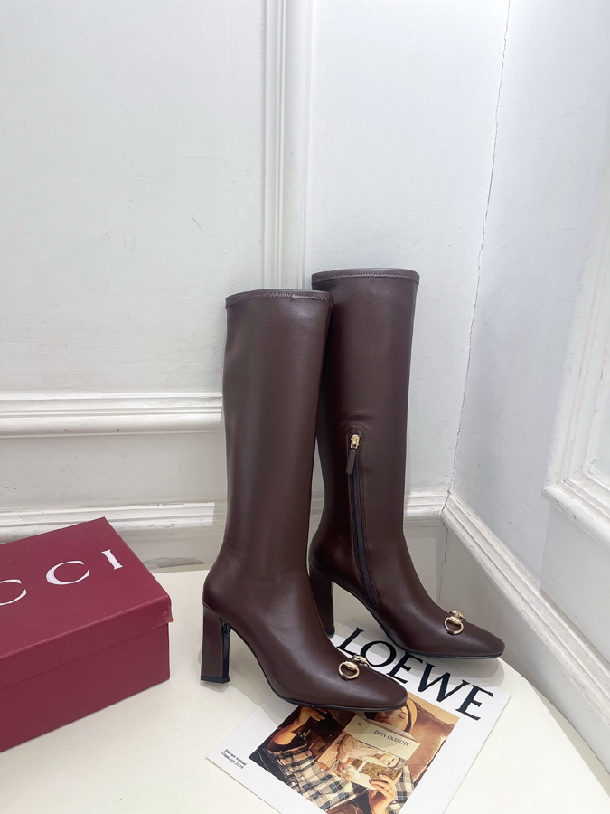 グッチ直営アウトレット店 靴 GUCCI グッチ サイハイブーツ ブラウン レザー 馬蹄バックル ポインテッドトゥ ハイヒール 女性用 - 画像 (2)