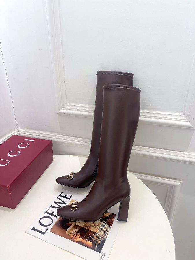 グッチ直営アウトレット店 靴 GUCCI グッチ サイハイブーツ ブラウン レザー 馬蹄バックル ポインテッドトゥ ハイヒール 女性用 - 画像 (3)