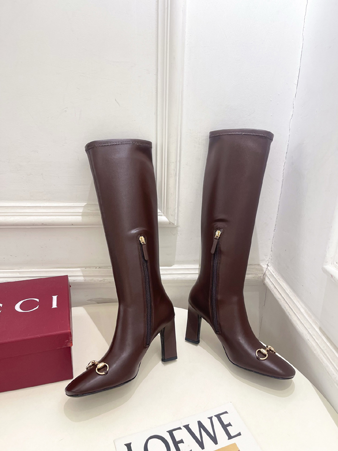 グッチ直営アウトレット店 靴 GUCCI グッチ サイハイブーツ ブラウン レザー 馬蹄バックル ポインテッドトゥ ハイヒール 女性用 - 画像 (4)