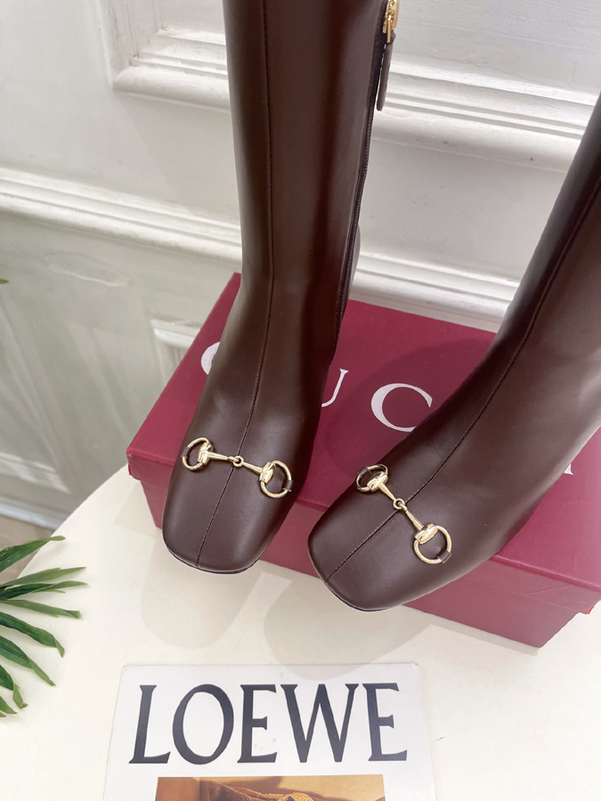 グッチ直営アウトレット店 靴 GUCCI グッチ サイハイブーツ ブラウン レザー 馬蹄バックル ポインテッドトゥ ハイヒール 女性用 - 画像 (5)