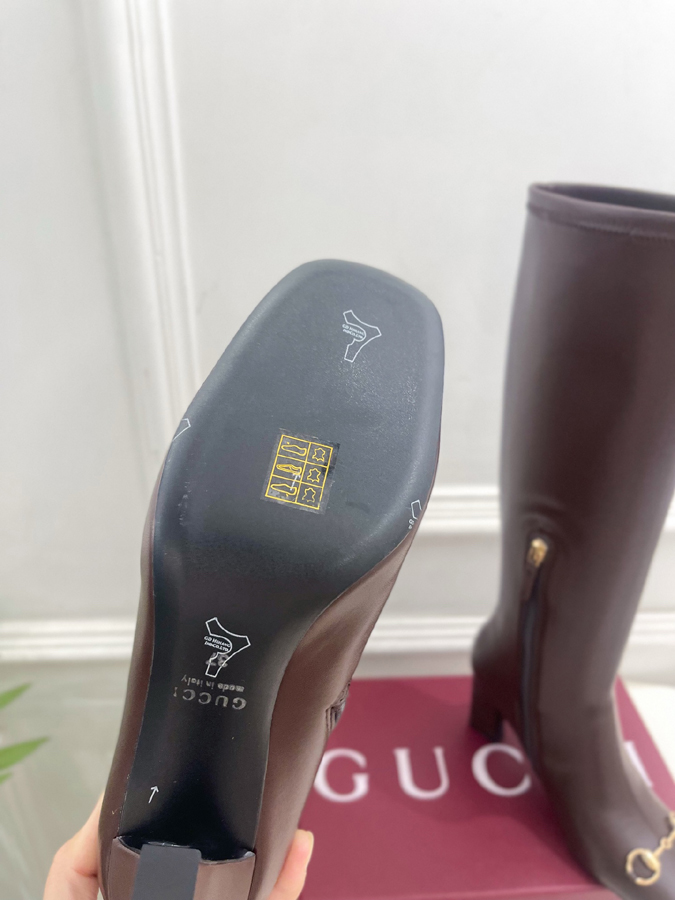 グッチ直営アウトレット店 靴 GUCCI グッチ サイハイブーツ ブラウン レザー 馬蹄バックル ポインテッドトゥ ハイヒール 女性用 - 画像 (9)