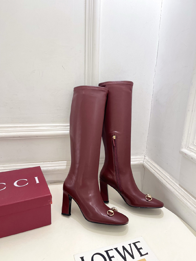 グッチ直営アウトレット店 靴 GUCCI グッチ サイハイブーツ バーガンディ レザー ホースビット ポインテッドトゥ ハイヒール - 画像 (2)