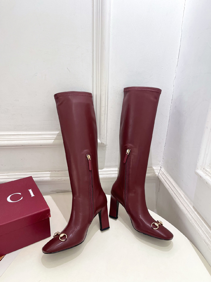 グッチ直営アウトレット店 靴 GUCCI グッチ サイハイブーツ バーガンディ レザー ホースビット ポインテッドトゥ ハイヒール - 画像 (4)