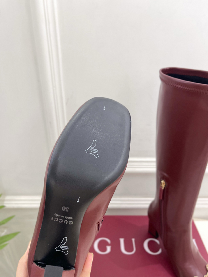 グッチ直営アウトレット店 靴 GUCCI グッチ サイハイブーツ バーガンディ レザー ホースビット ポインテッドトゥ ハイヒール - 画像 (9)