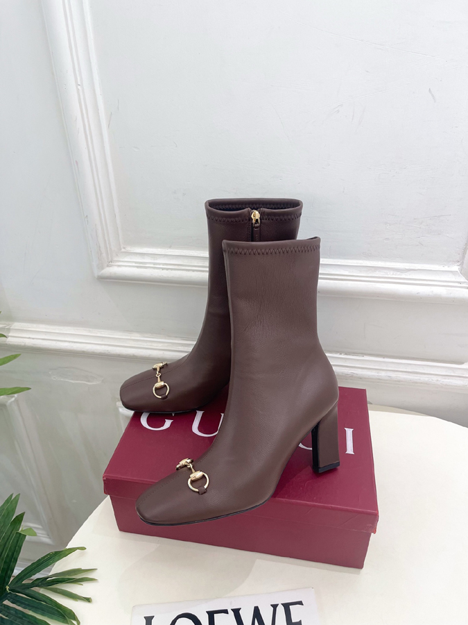 グッチ直営アウトレット店 靴 GUCCI グッチ ショートブーツ レディース ブラウン レザー ホースビット スクエアトゥ グッチ ハイヒール - 画像 (3)