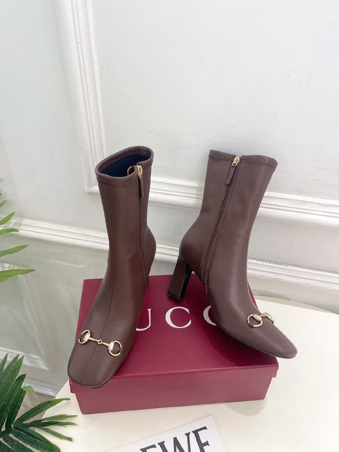グッチ直営アウトレット店 靴 GUCCI グッチ ショートブーツ レディース ブラウン レザー ホースビット スクエアトゥ グッチ ハイヒール - 画像 (5)