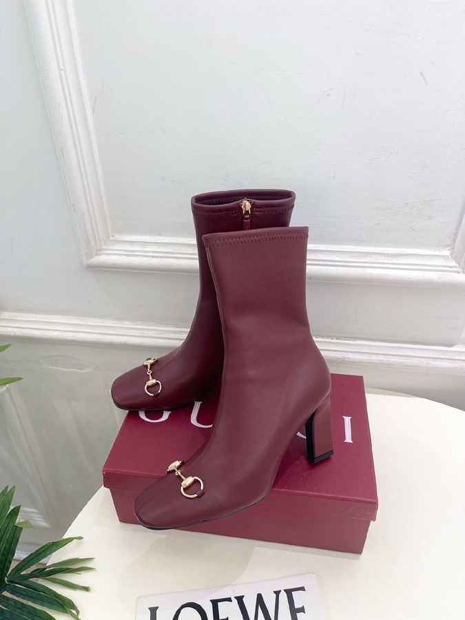 グッチ直営アウトレット店 靴 GUCCI グッチ ショートブーツ レディース バーガンディ レザー ホースビット スクエアトゥ ハイヒール アンクルブーツ - 画像 (3)
