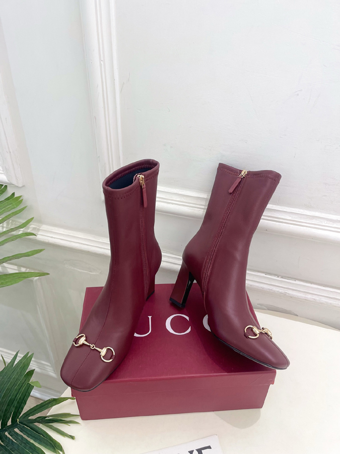グッチ直営アウトレット店 靴 GUCCI グッチ ショートブーツ レディース バーガンディ レザー ホースビット スクエアトゥ ハイヒール アンクルブーツ - 画像 (5)