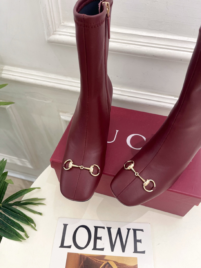 グッチ直営アウトレット店 靴 GUCCI グッチ ショートブーツ レディース バーガンディ レザー ホースビット スクエアトゥ ハイヒール アンクルブーツ - 画像 (6)