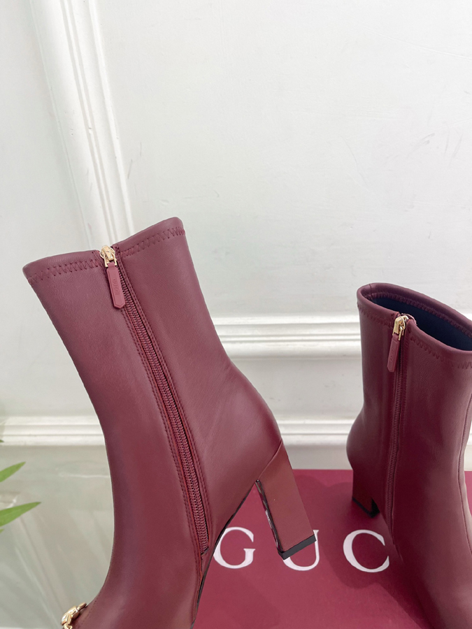 グッチ直営アウトレット店 靴 GUCCI グッチ ショートブーツ レディース バーガンディ レザー ホースビット スクエアトゥ ハイヒール アンクルブーツ - 画像 (7)