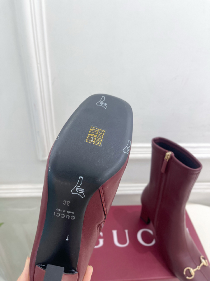 グッチ直営アウトレット店 靴 GUCCI グッチ ショートブーツ レディース バーガンディ レザー ホースビット スクエアトゥ ハイヒール アンクルブーツ - 画像 (9)