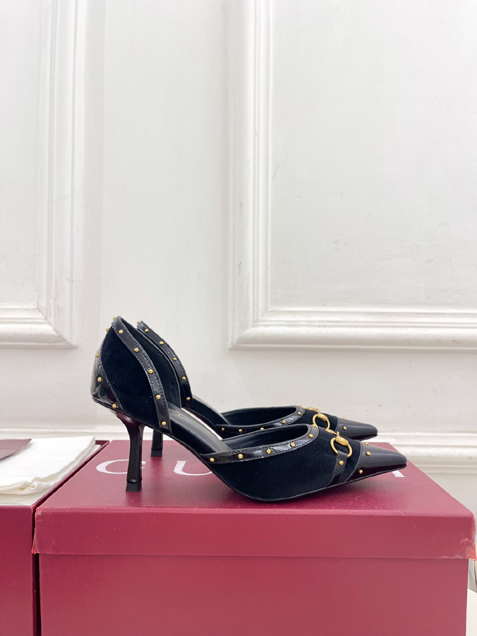 グッチ直営アウトレット店 靴 GUCCI グッチ パンプス レディース ブラック レザー ホースビット スタッズ ポインテッドトゥ グッチサ ハイヒール - 画像 (2)