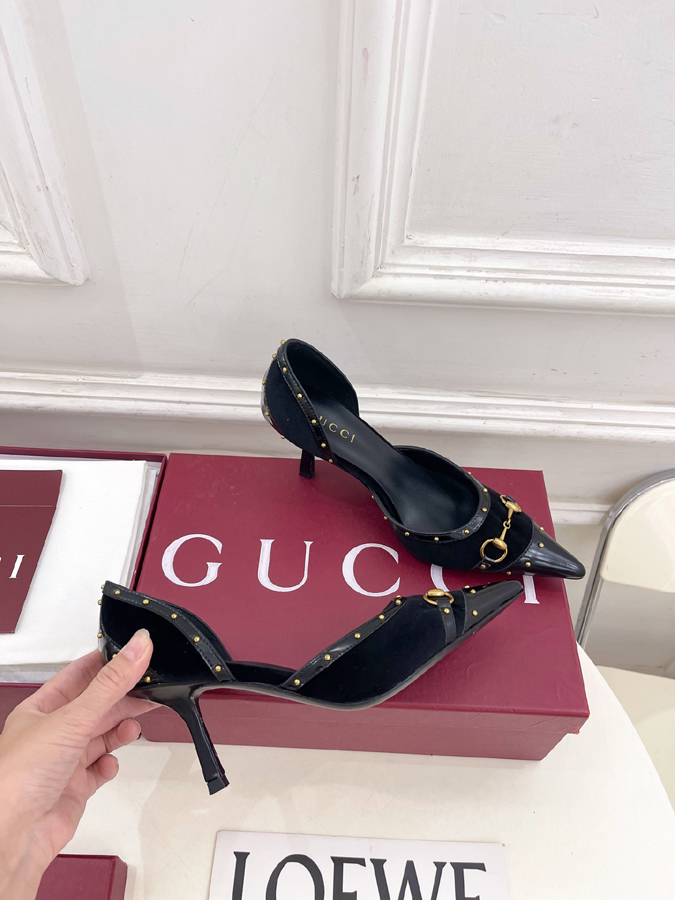 グッチ直営アウトレット店 靴 GUCCI グッチ パンプス レディース ブラック レザー ホースビット スタッズ ポインテッドトゥ グッチサ ハイヒール - 画像 (4)