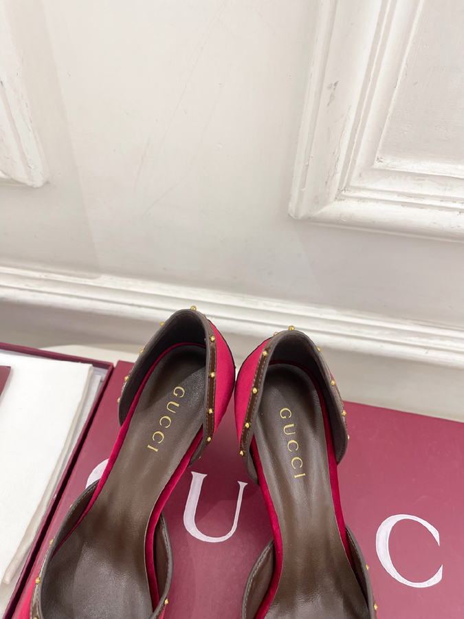 グッチ直営アウトレット店 靴 GUCCI グッチ スリングバック パンプス レディース バーガンディ ベルベット ホースビット スタッズ グッチ ポインテッドトゥ ハイヒール - 画像 (7)