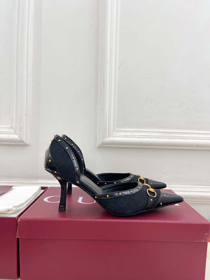 グッチ直営アウトレット店 靴 GUCCI グッチ スリングバック パンプス レディース ブラック ホースビット スタッズ ポインテッドトゥ ハイヒール グッチ GGキャンバス - 画像 (2)