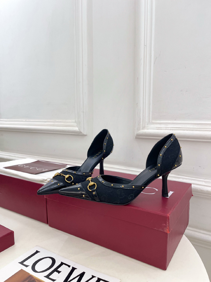 グッチ直営アウトレット店 靴 GUCCI グッチ スリングバック パンプス レディース ブラック ホースビット スタッズ ポインテッドトゥ ハイヒール グッチ GGキャンバス - 画像 (3)