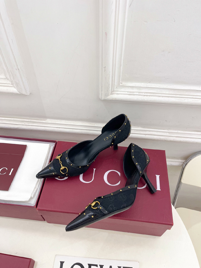 グッチ直営アウトレット店 靴 GUCCI グッチ スリングバック パンプス レディース ブラック ホースビット スタッズ ポインテッドトゥ ハイヒール グッチ GGキャンバス - 画像 (5)