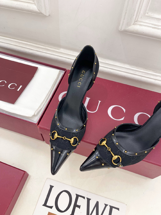 グッチ直営アウトレット店 靴 GUCCI グッチ スリングバック パンプス レディース ブラック ホースビット スタッズ ポインテッドトゥ ハイヒール グッチ GGキャンバス - 画像 (6)