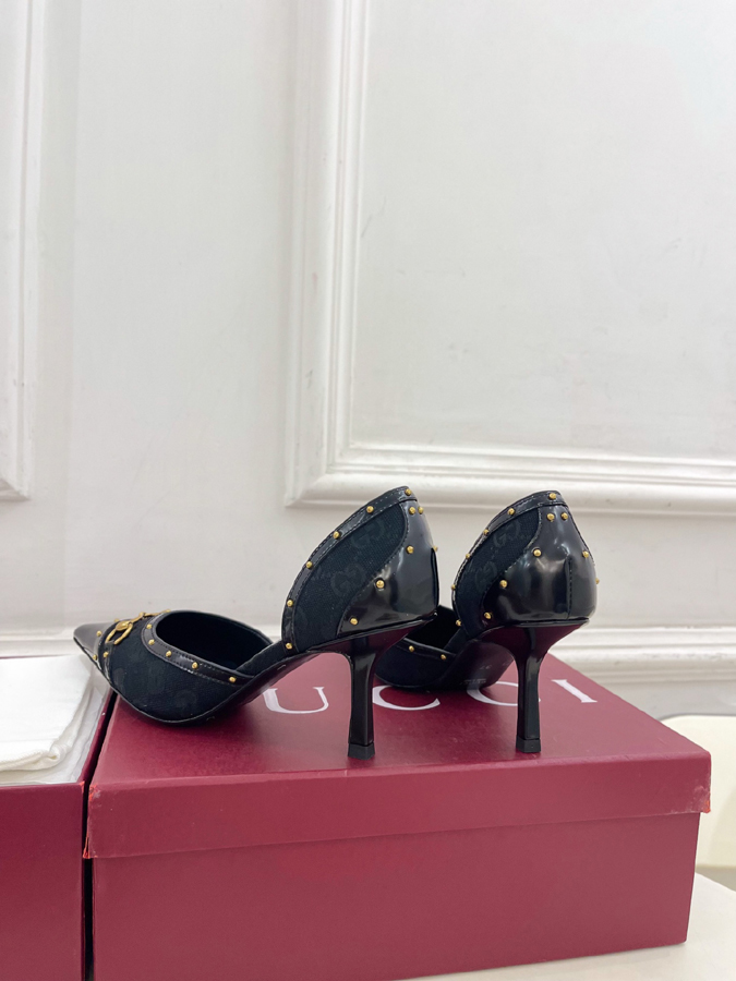グッチ直営アウトレット店 靴 GUCCI グッチ スリングバック パンプス レディース ブラック ホースビット スタッズ ポインテッドトゥ ハイヒール グッチ GGキャンバス - 画像 (8)