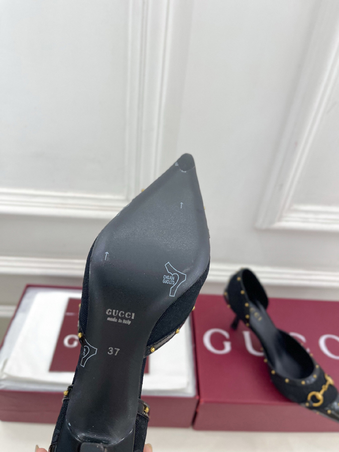 グッチ直営アウトレット店 靴 GUCCI グッチ スリングバック パンプス レディース ブラック ホースビット スタッズ ポインテッドトゥ ハイヒール グッチ GGキャンバス - 画像 (9)