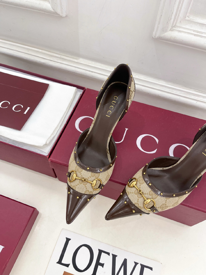 グッチ直営アウトレット店 靴 GUCCI スリングバック パンプス ブラウン ホースビット スタッズ ポインテッドトゥ グッチ レディース ハイヒール - 画像 (6)