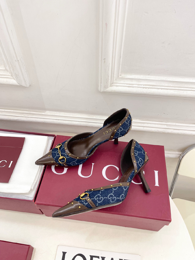 グッチ直営アウトレット店 靴 GUCCI パンプス ネイビー GGデニム ホースビット スタッズ ポインテッドトゥ ハイヒール グッチ スリングバック - 画像 (5)